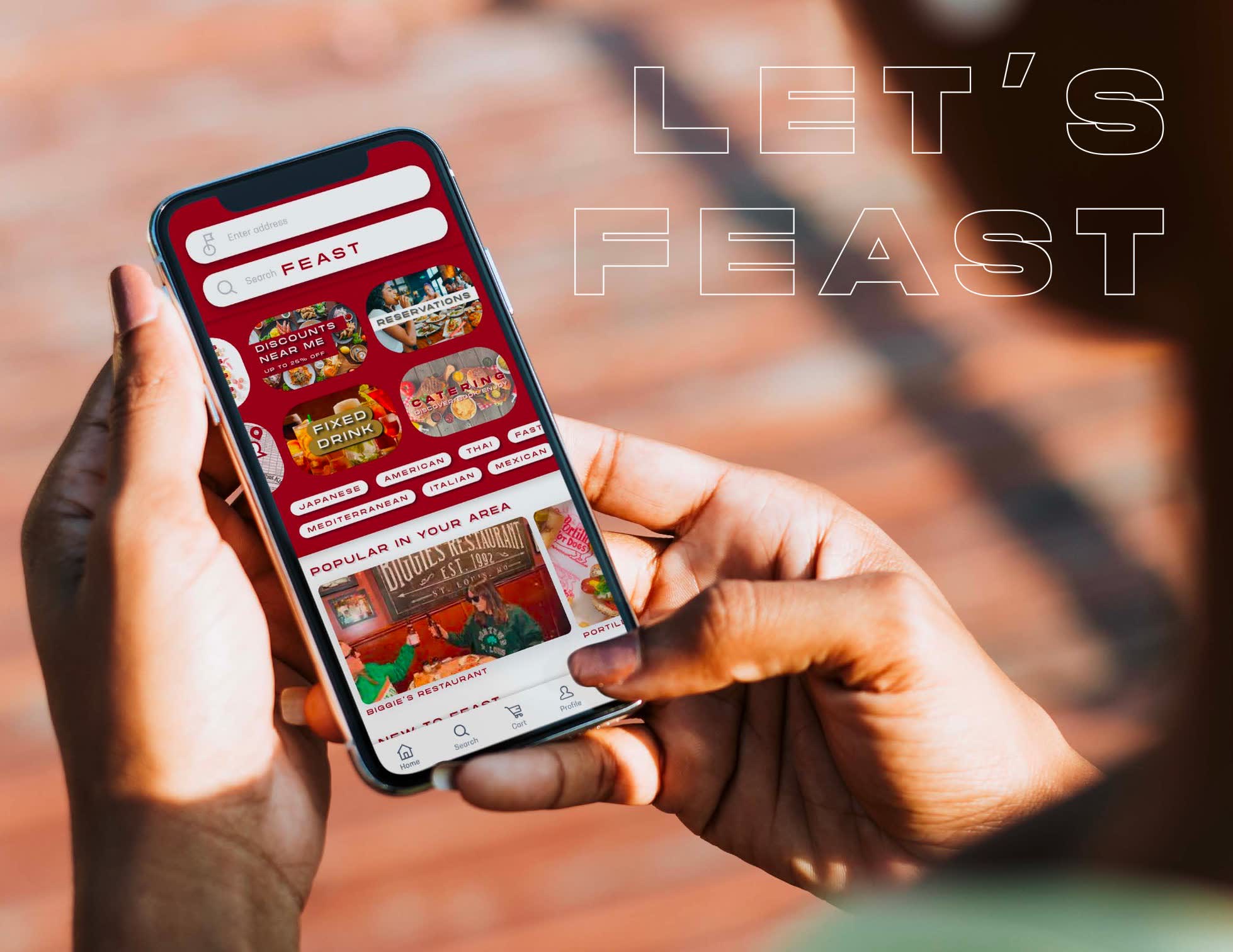 woman holding phone with Feast app